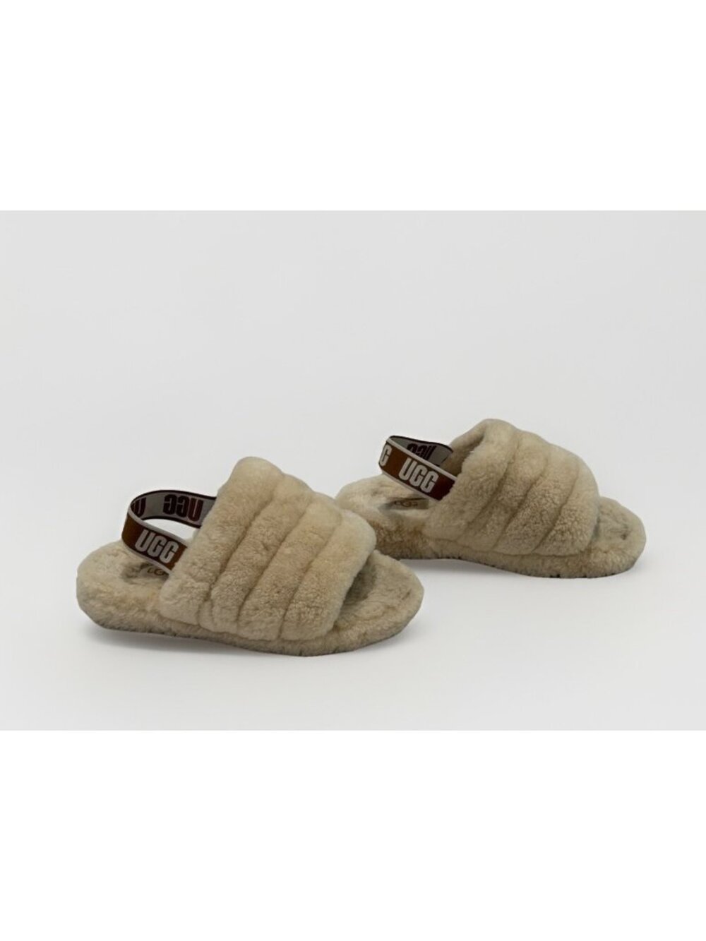 UGG Fluff Yeah Ivory Cream Slide Slipper GIRLS Kids Youth Size 2 Logo Strap 33.5